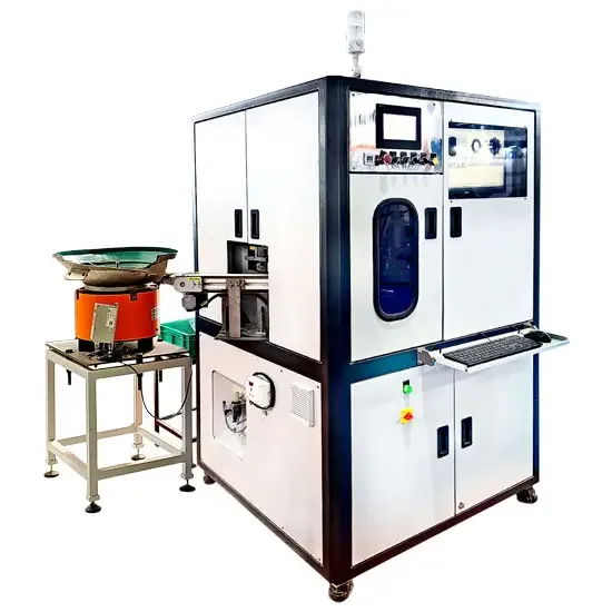 Glass Disc optical inspection and sorting machine — photograph of the machine with its feeder bowl