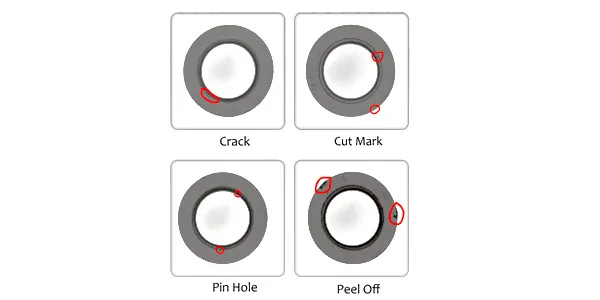 Moulded part defects the camera catches: crack, cut mark, pin hole and peel off