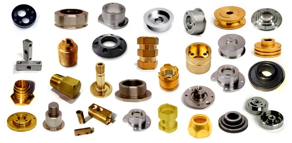 Sample CNC-turned components, bushes and fittings inspected on the Glass Disc machine