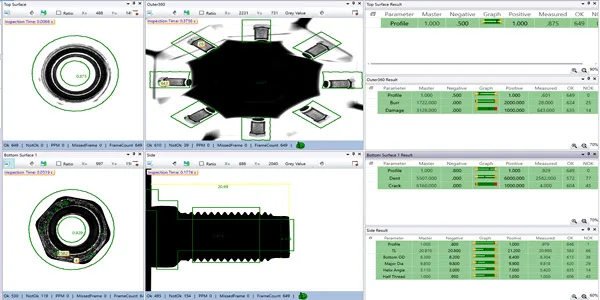 Bolt inspection measurement result screen: part silhouette with the measured dimensions overlaid and the parameter table (master value, tolerance, measured value, OK / NOT-OK count)