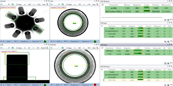 Precision-part inspection measurement result screen: part silhouette with the measured dimensions overlaid and the parameter table (master value, tolerance, measured value, OK / NOT-OK count)