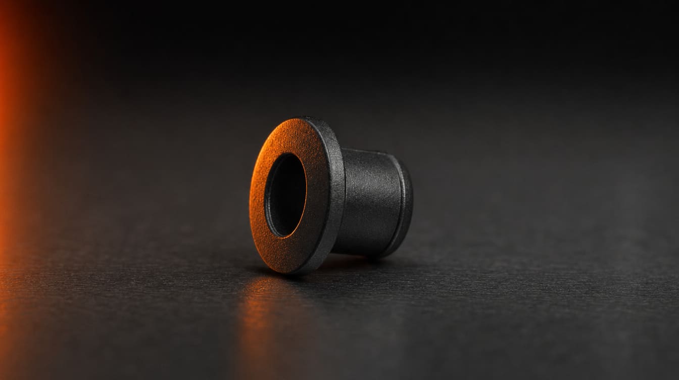 Black moulded flanged bush, close-up